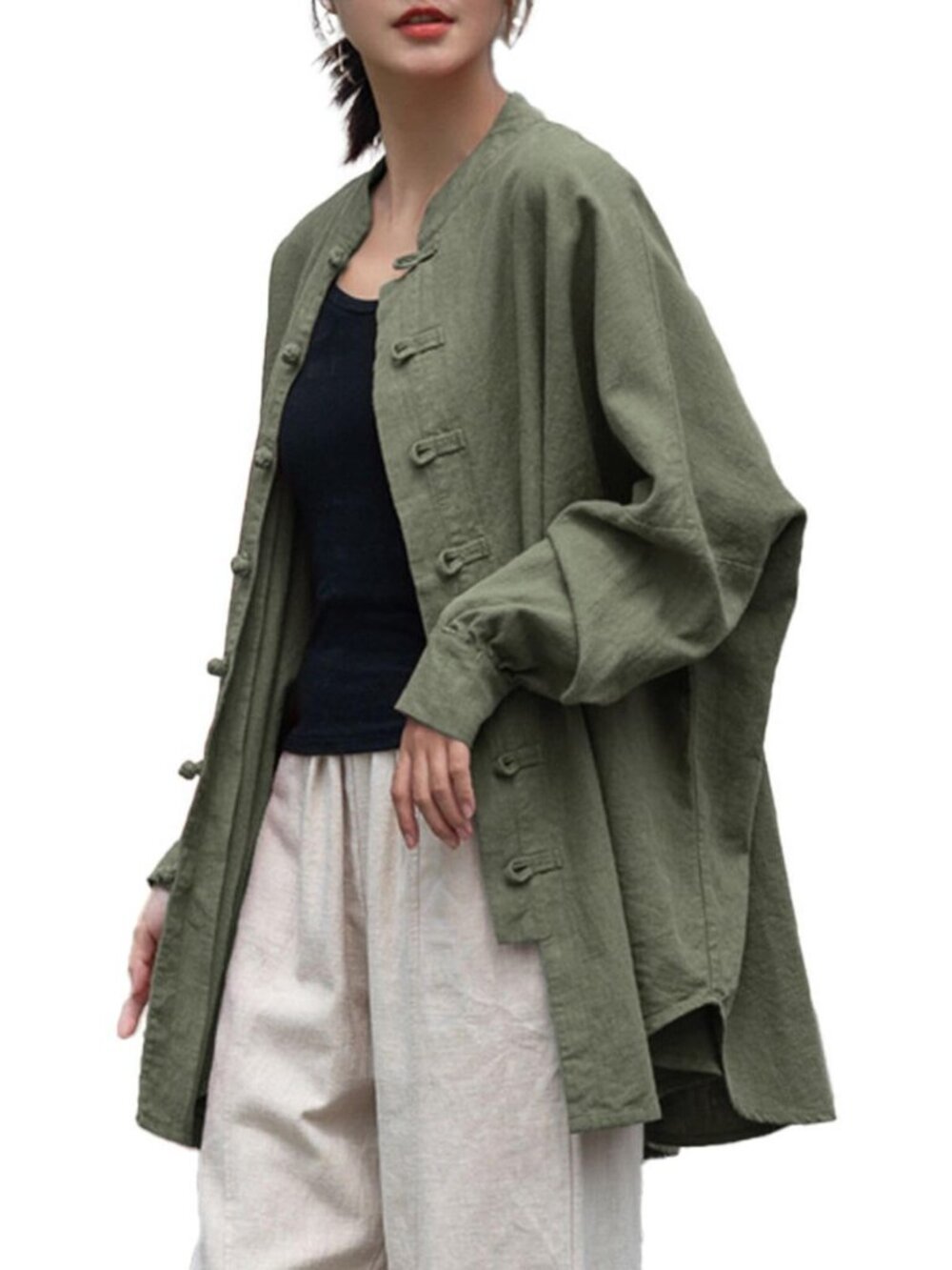 Women's Linen Shirts Oversized Blouses Vintage Long Sleeve Cropped Jackets Loose